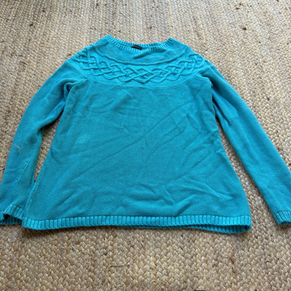 Talbots Turquoise Cotton Cashmere Cable Knit Yoke Sweater Medium Coastal Fisher